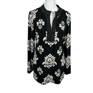 Charter Club Black Cream Blouse Top Long Sleeve Medium Stretch Business Beaded